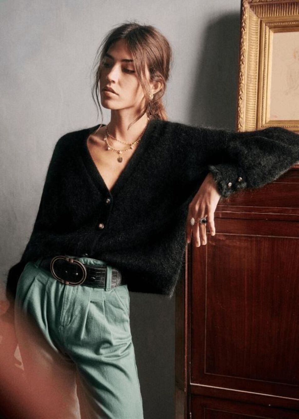 Sezane Mia Kid Mohair Wool Button Down Black Cardigan Sweater Women's Size XS